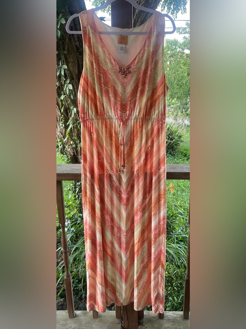 Ruby Rd Sleeveless V-Neck Maxi Dress in Coral and Cream Size large